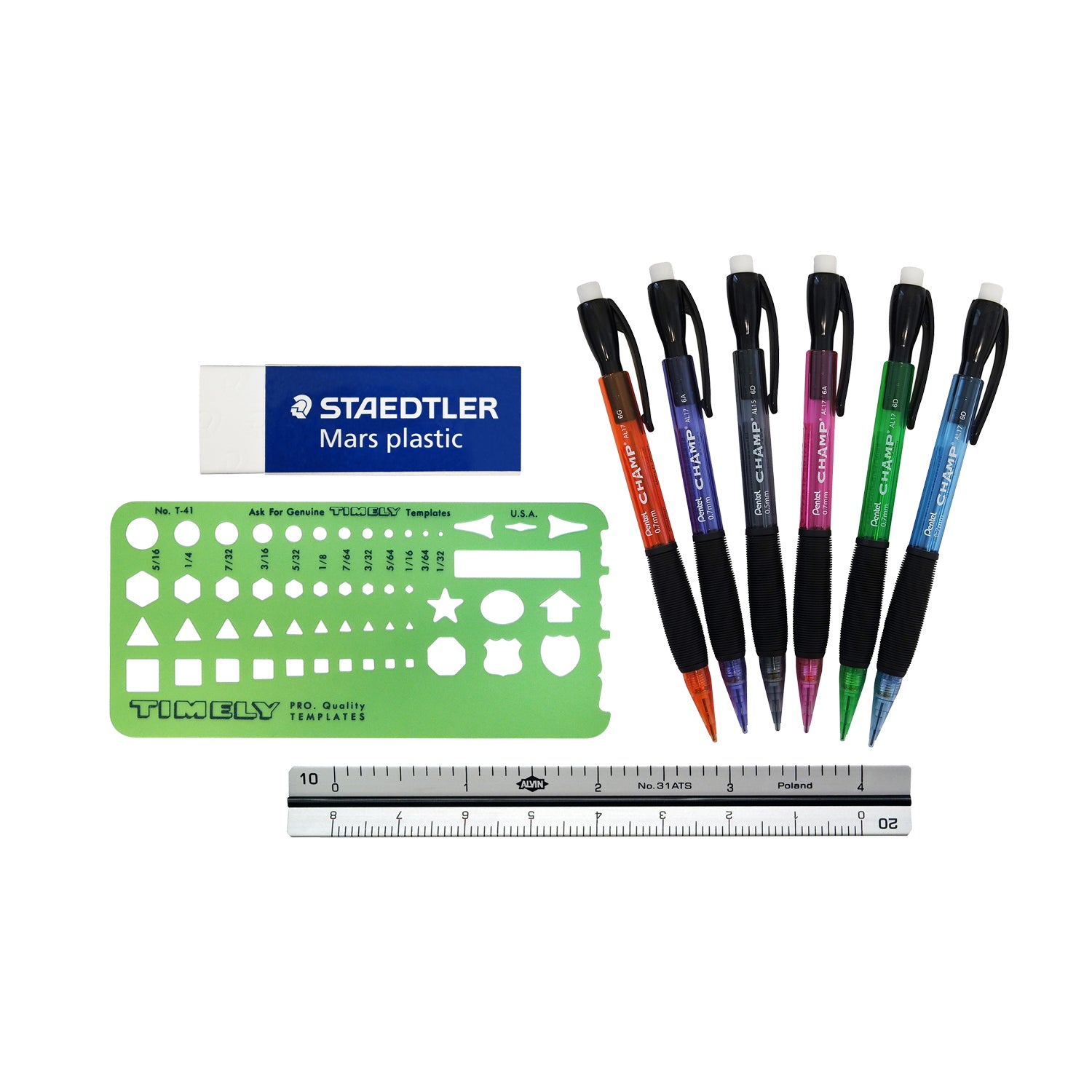 Pencils, ruler, eraser and shape templates